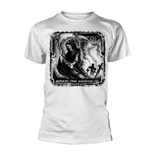 Man wearing a white t-shirt with a dark, detailed band logo print.