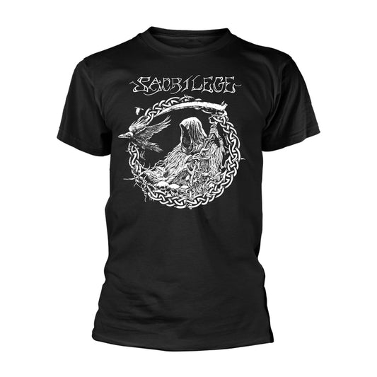 Black t-shirt with white graphic of a reaper and ravens.