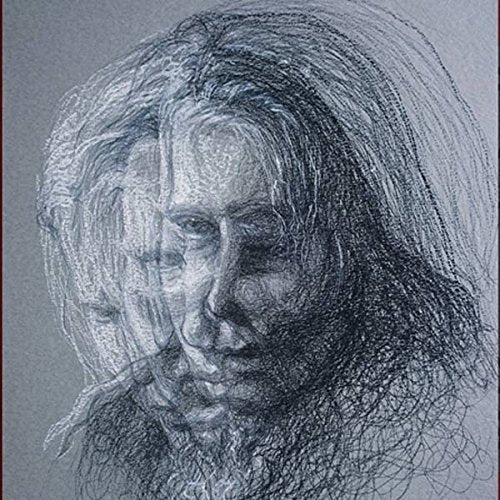Sketch of a man’s face with layered, scribbled pencil lines.