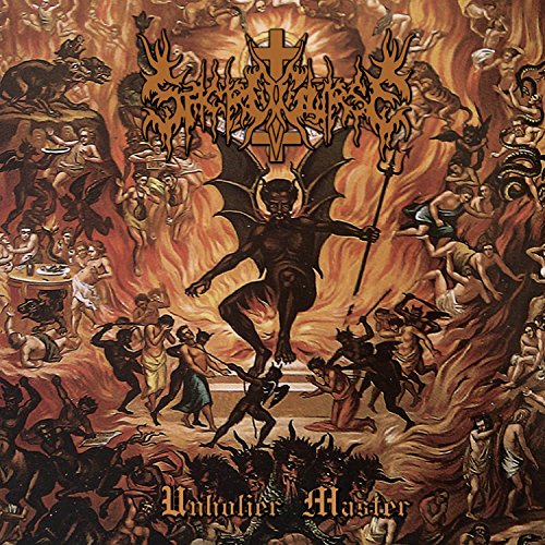 A winged devil stands amidst a crowd of people in a fiery hellscape.