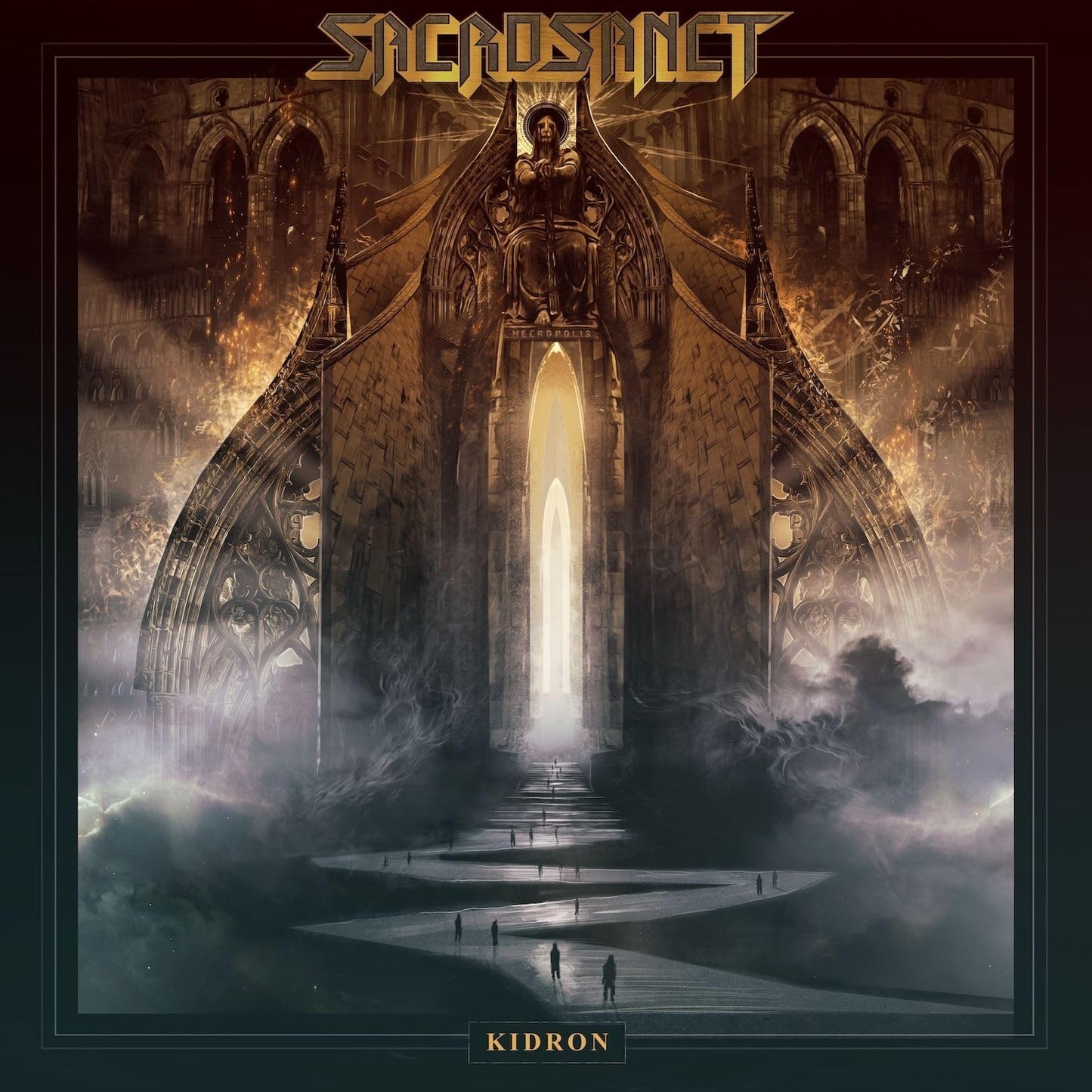 CD cover for Sacrosanct’s “Kidron” featuring gothic architecture and a figure.