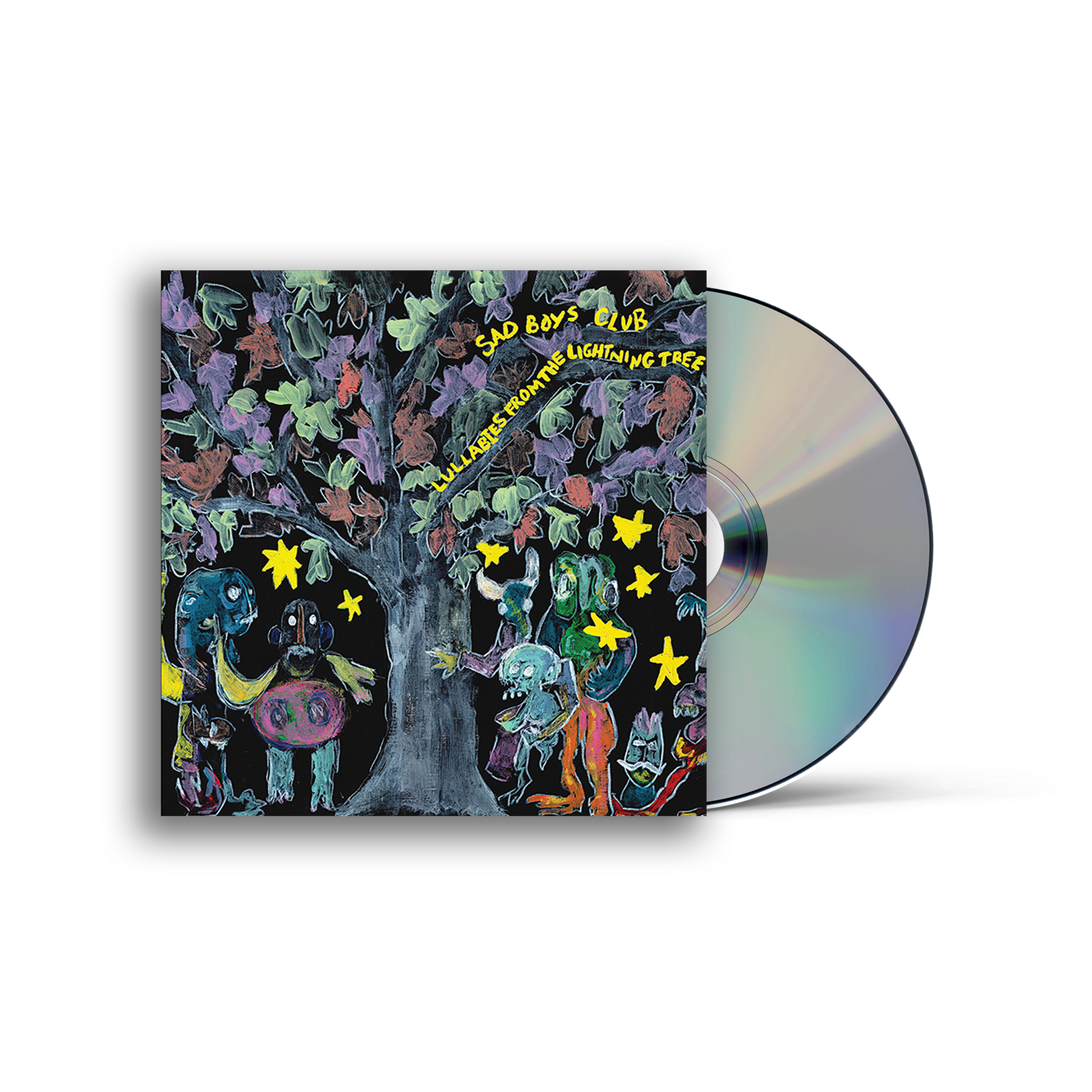 CD case with painted tree and animal figures, reflective disc beside.