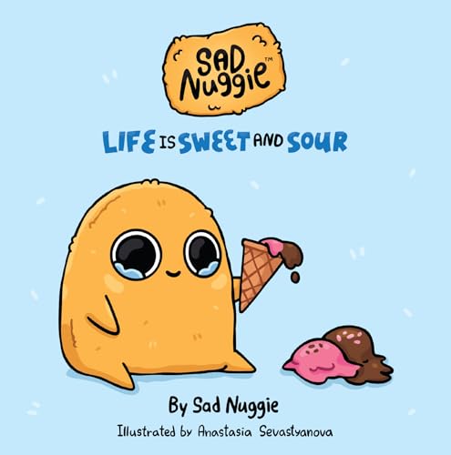 Sad, cartoon chicken nugget holding an ice cream cone, looking forlorn.