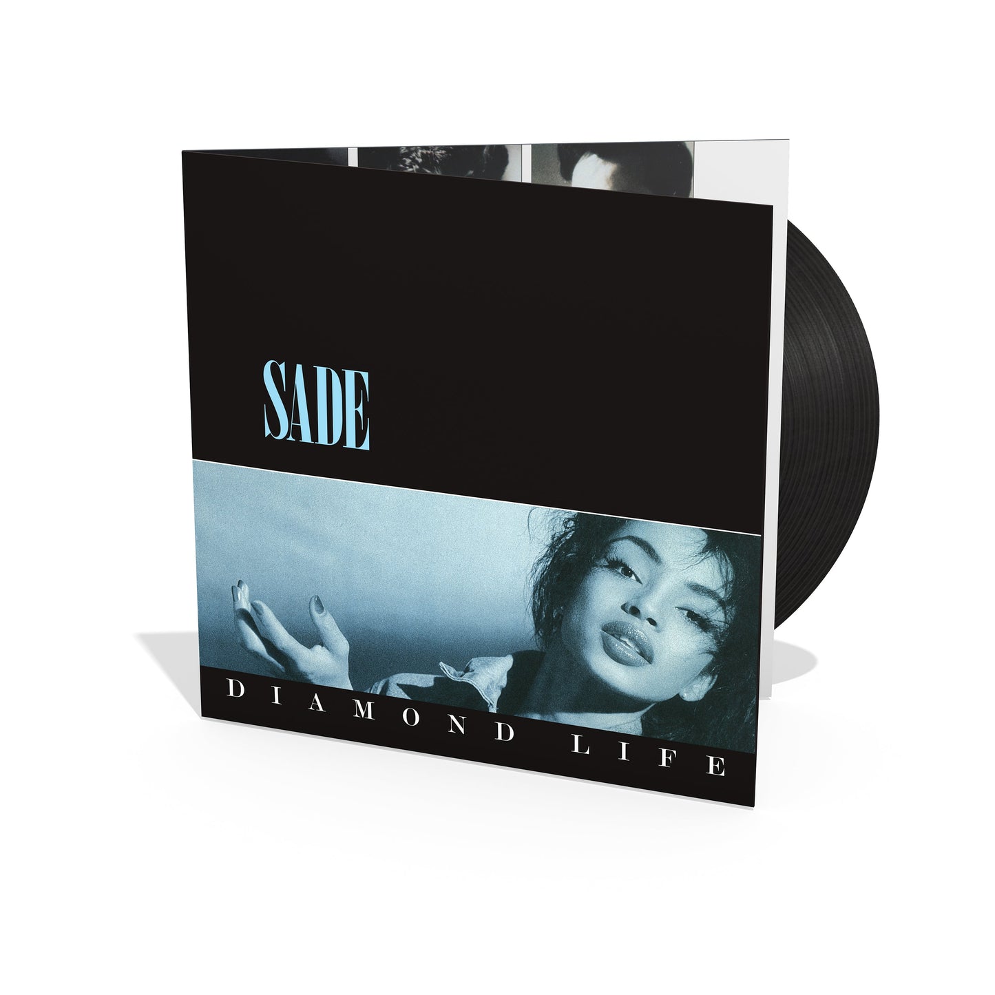Sade Diamond Life vinyl record jacket with blue-toned portrait of Sade on white background.