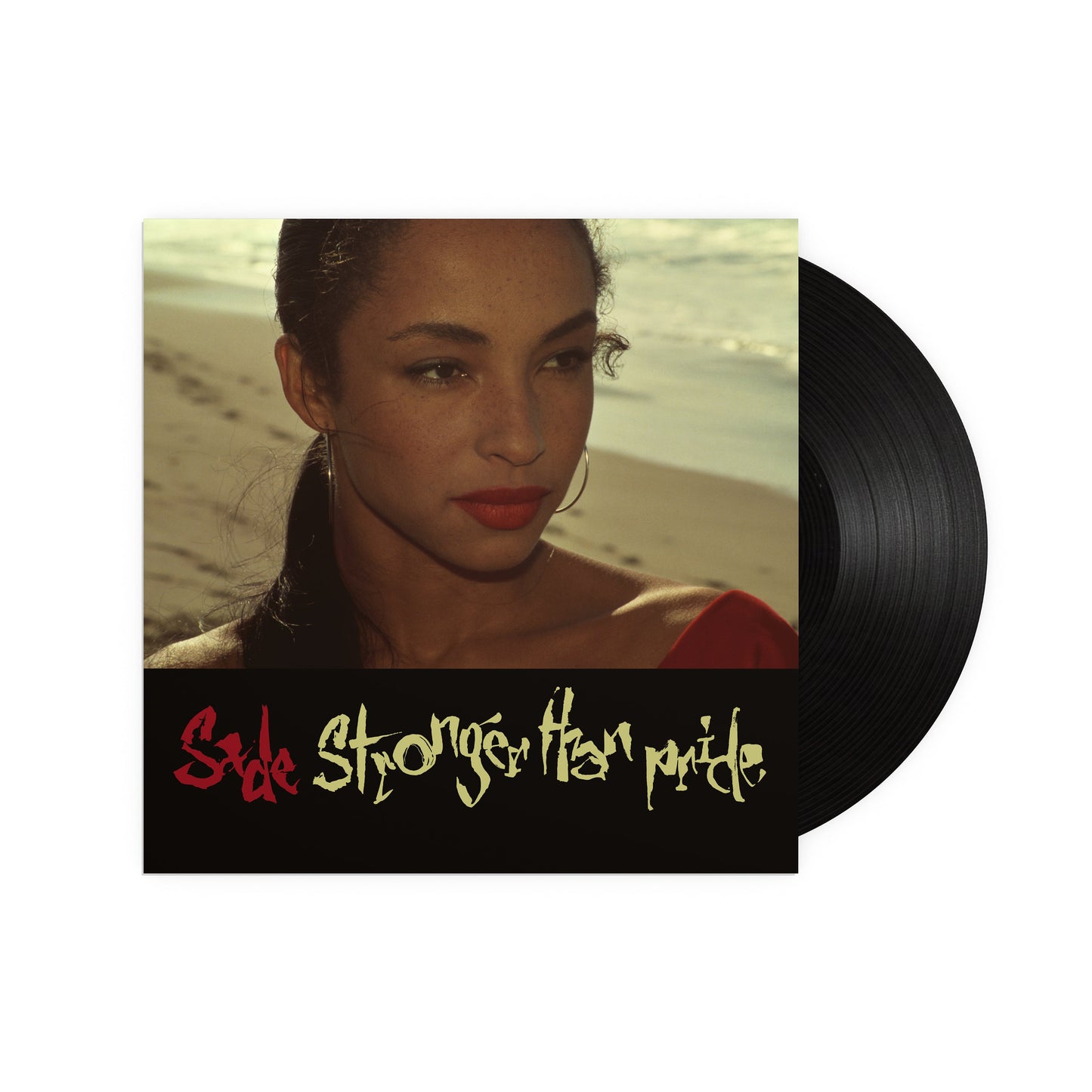 Sade Stronger Than Pride vinyl record cover featuring a portrait of Sade on a beach.