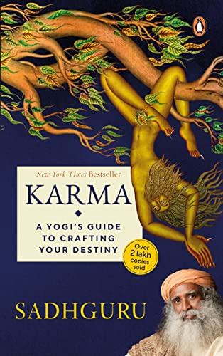 Book cover for Karma by Sadhguru featuring a stylized figure hanging from a tree.