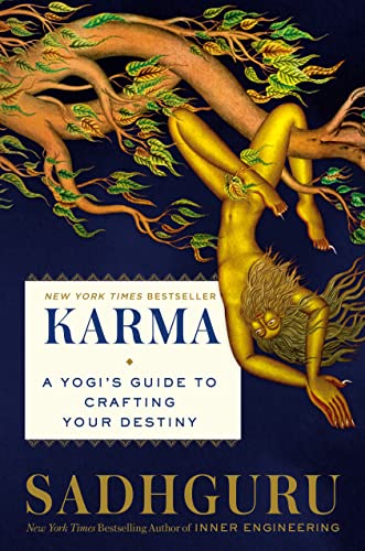 Book cover: golden figure amidst tree branches, title “Karma” and author Sadhguru.
