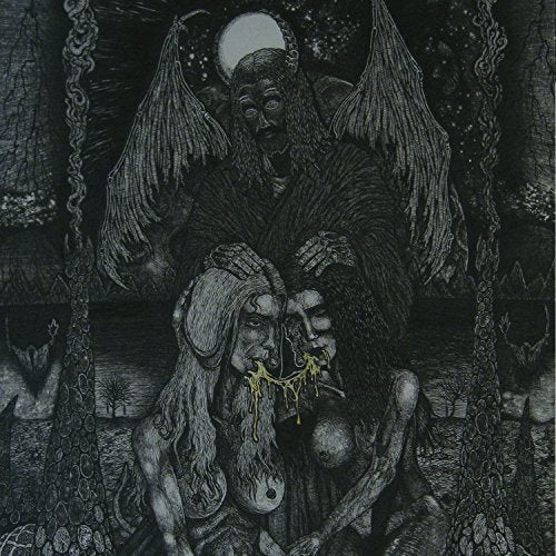 Black and white ink illustration of a winged figure blessing two women with golden bile.