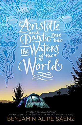 Book cover with swirling blue designs, a tent, and two figures silhouetted on a hill.