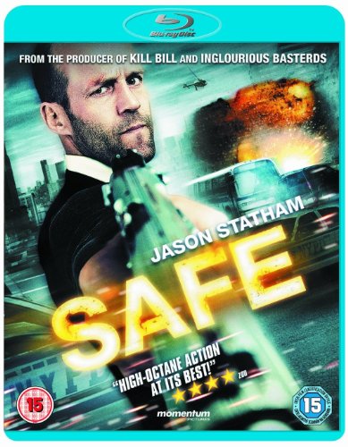 Blu-ray cover for Safe featuring Jason Statham holding a gun with an explosion background.