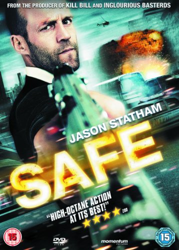 DVD cover for "Safe" featuring Jason Statham holding a gun, explosions.