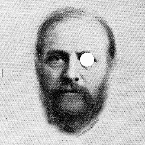 Black and white portrait of a bearded man with a white circle for an eye.