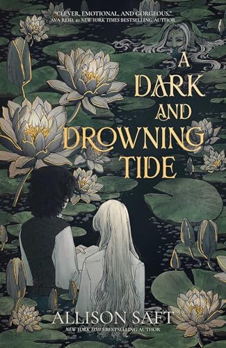Book cover: two figures amidst water lilies, with dark, moody tones.