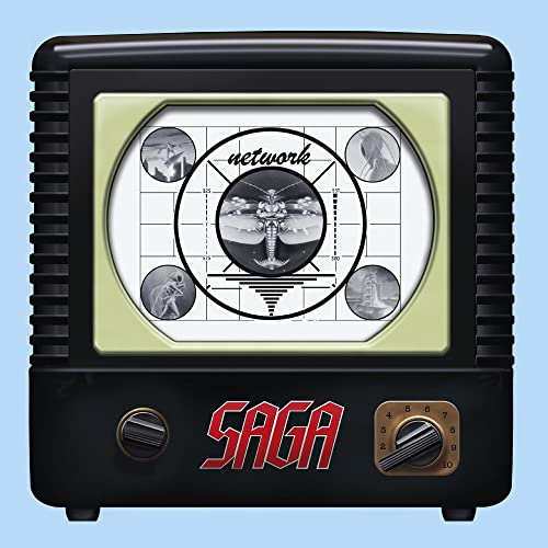 Black vintage TV displaying a circular image with figures and text.