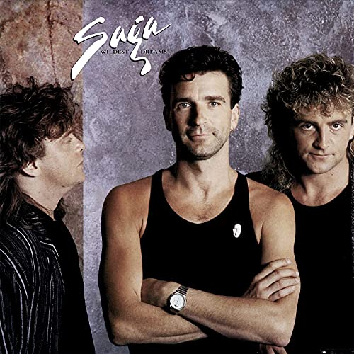 Three men with 1980s hairstyles posing against a textured grey background.