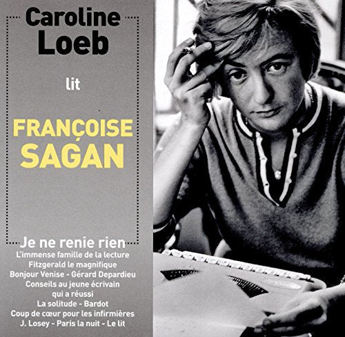 Black and white portrait of Françoise Sagan with text overlay on a grey background.