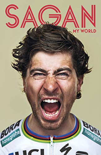 Close-up of Peter Sagan shouting, wearing a white cycling jersey against a beige background.