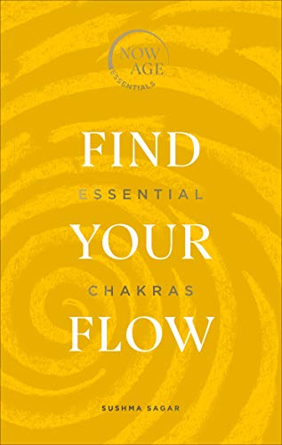 Book cover: "Find Your Flow: Essential Chakras" with swirling gold design.