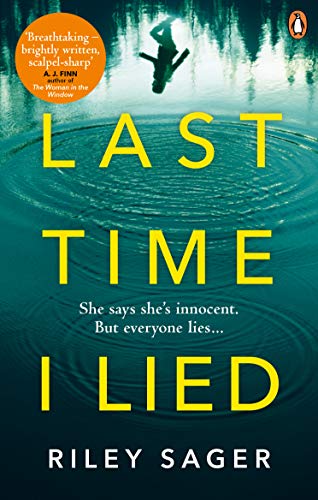 Book cover: “Last Time I Lied” by Riley Sager, with a falling figure.