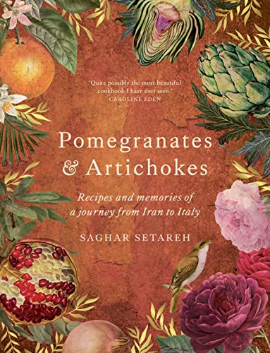 Book cover with botanical illustrations of pomegranates, artichokes, and flowers on a textured orange background.