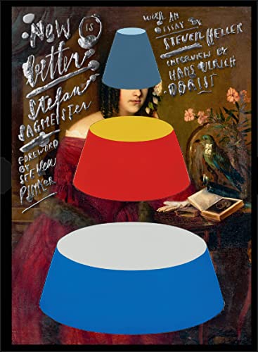 Book cover: portrait with stacked lampshades, red dress, open book.