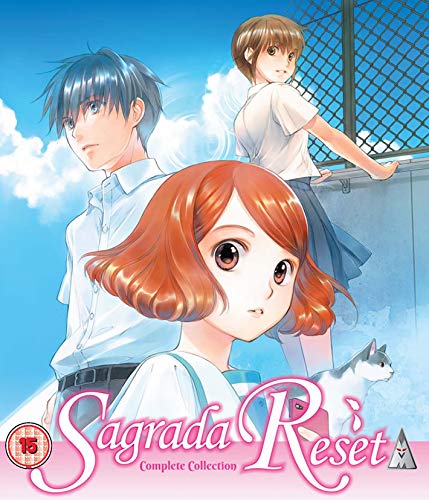 Blu-ray cover for anime *Sagrada Reset* featuring three young characters.