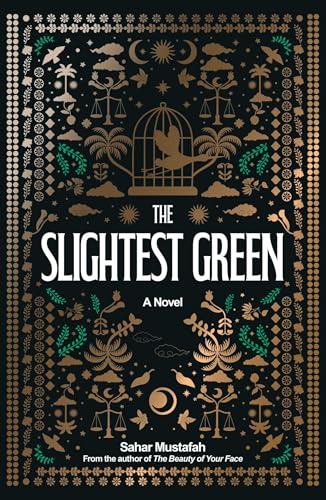 Book cover with gold foil design, bird in a cage, dark background.
