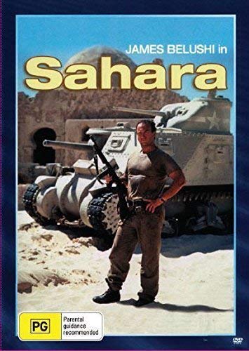 Sahara" DVD cover featuring James Belushi with a tank in a desert.