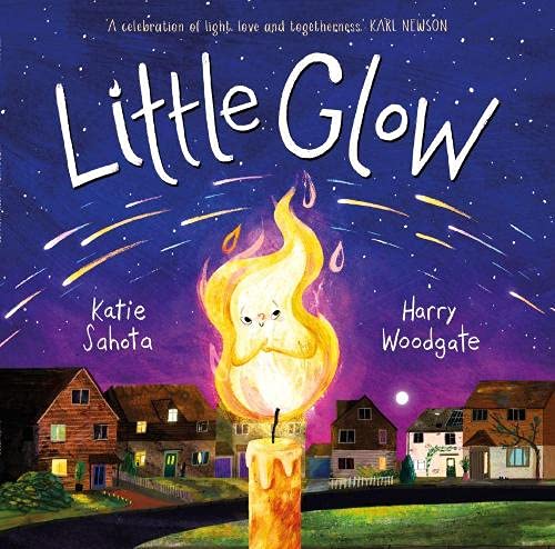 A candle with a glowing flame character stands before houses under a starry sky.
