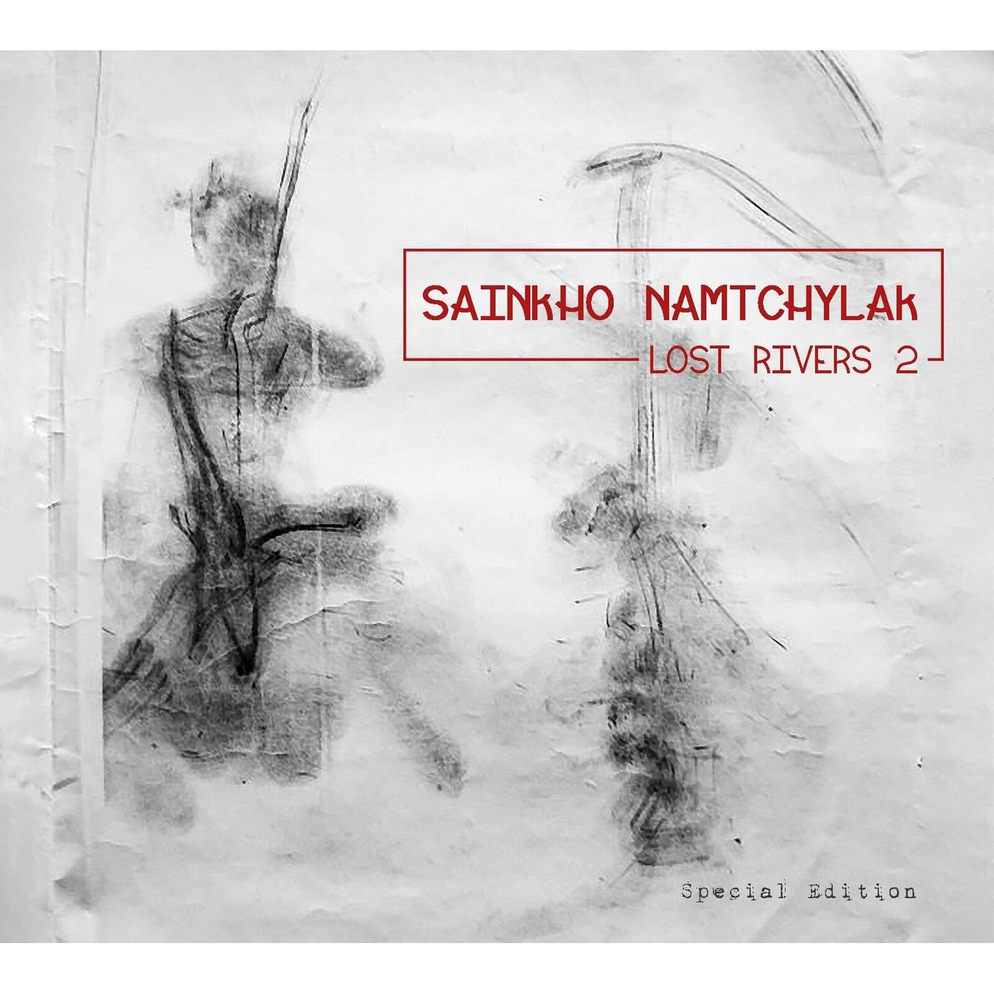 Album cover with charcoal-style abstract figures and red text reading Sainkho Namtchylak Lost Rivers 2.
