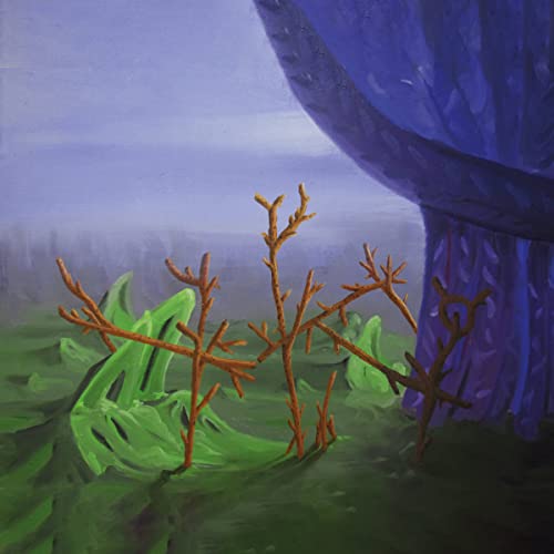 Painted album cover with bare branches, green foliage, and a blue sky.