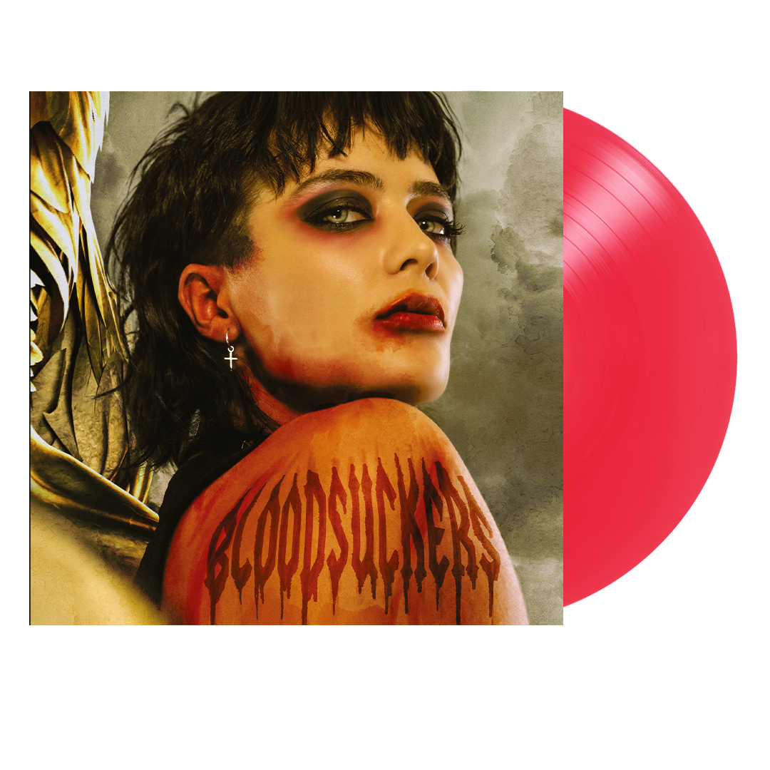 Red vinyl record with cover art featuring a woman with "bloodsuckers" written on her shoulder.