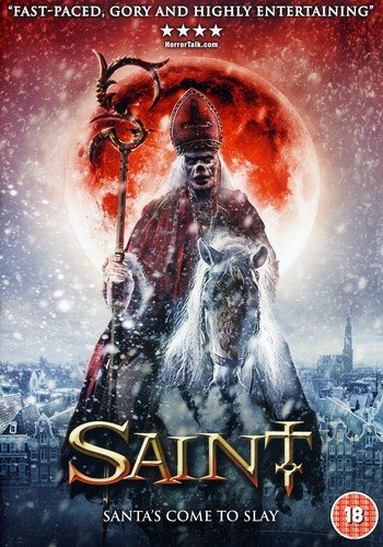 Horror movie poster featuring a menacing figure in bishop’s attire on horseback.