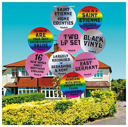 "Album cover with house image and colorful text bubbles describing vinyl record details."