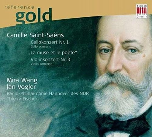 "CD cover featuring a portrait of Camille Saint-Saëns with white text and logos."