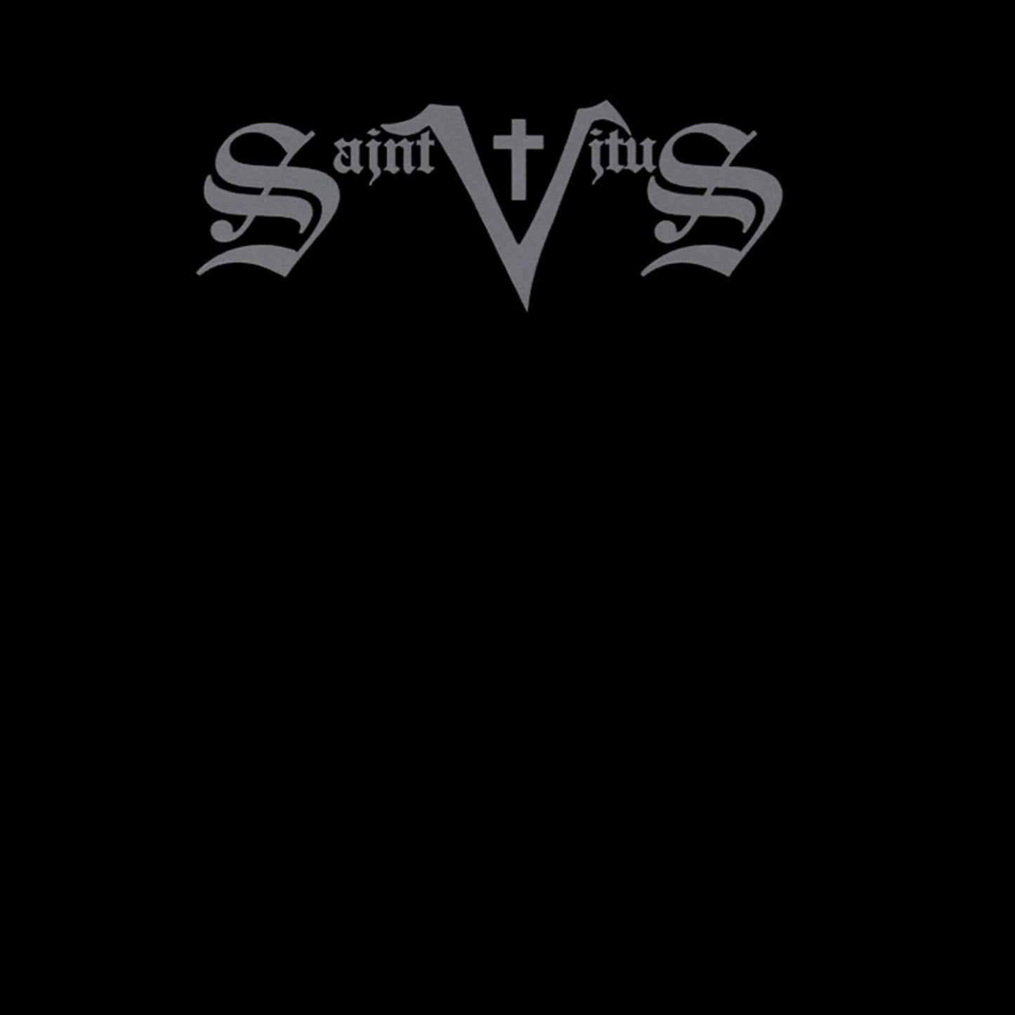 Grey Saint Vitus logo with a cross on a solid black background.