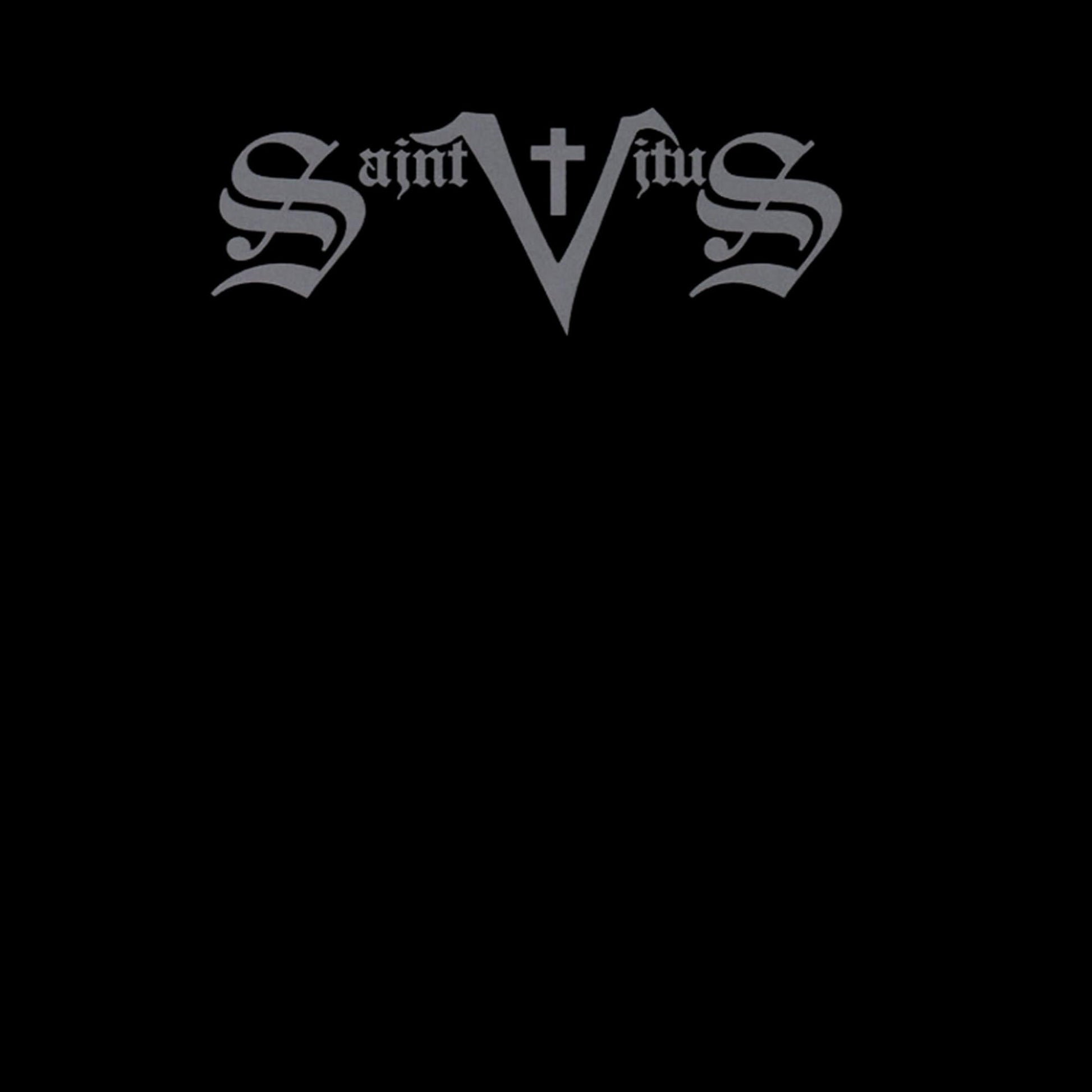 Grey Saint Vitus logo with a cross on a solid black background.