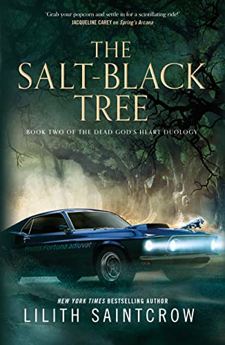 Book cover: dark forest, blue car, and title "The Salt-Black Tree.