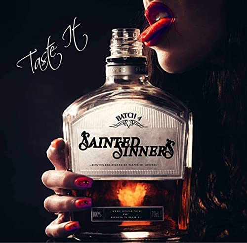 CD cover: whiskey bottle with lips, hand, and band logo.