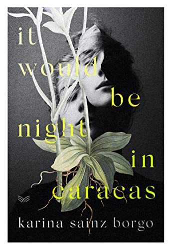 Book cover: black background, floral elements, and a blurred face.