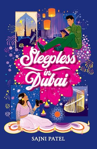 Book cover: “Sleepless in Dubai” with illustrated people and city skyline.
