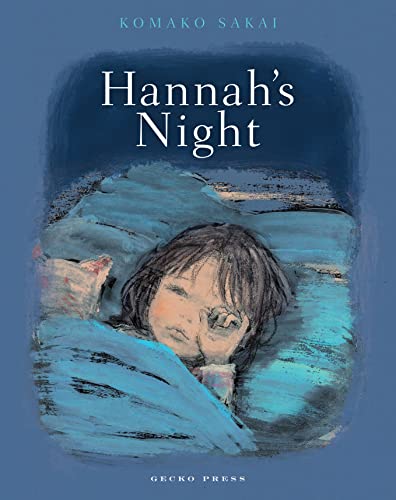 Book cover: child peeking from under blue covers, painted style.
