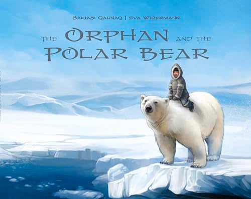 Child riding on a polar bear in a snowy arctic landscape.