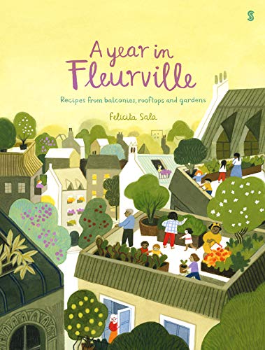 Cookbook cover with illustrated cityscape, rooftop gardens, and people gardening.
