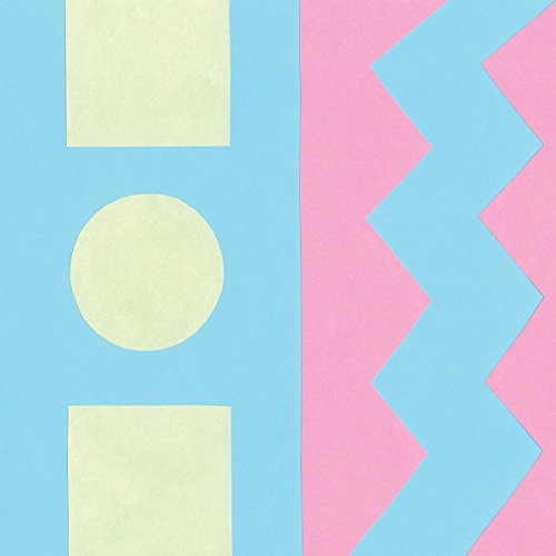 Abstract album cover with pastel blue, pink, and yellow geometric shapes.