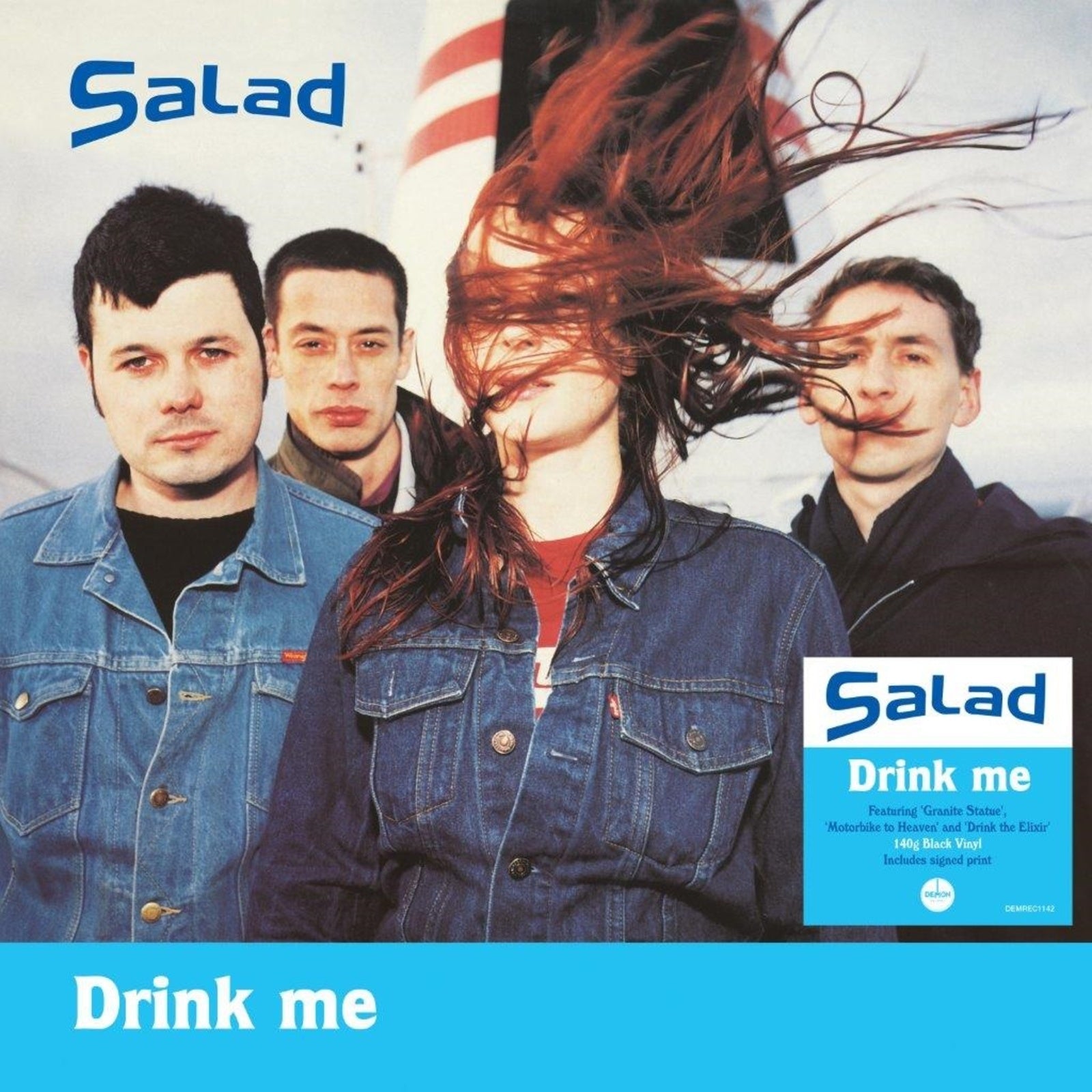 Album cover for Salad’s “Drink Me” featuring four people in denim.