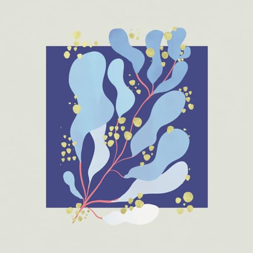 Abstract blue and gold floral design on a dark navy background.