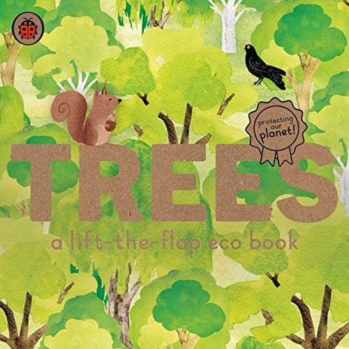 Book cover titled Trees with illustrations of a squirrel, a bird, and green trees.