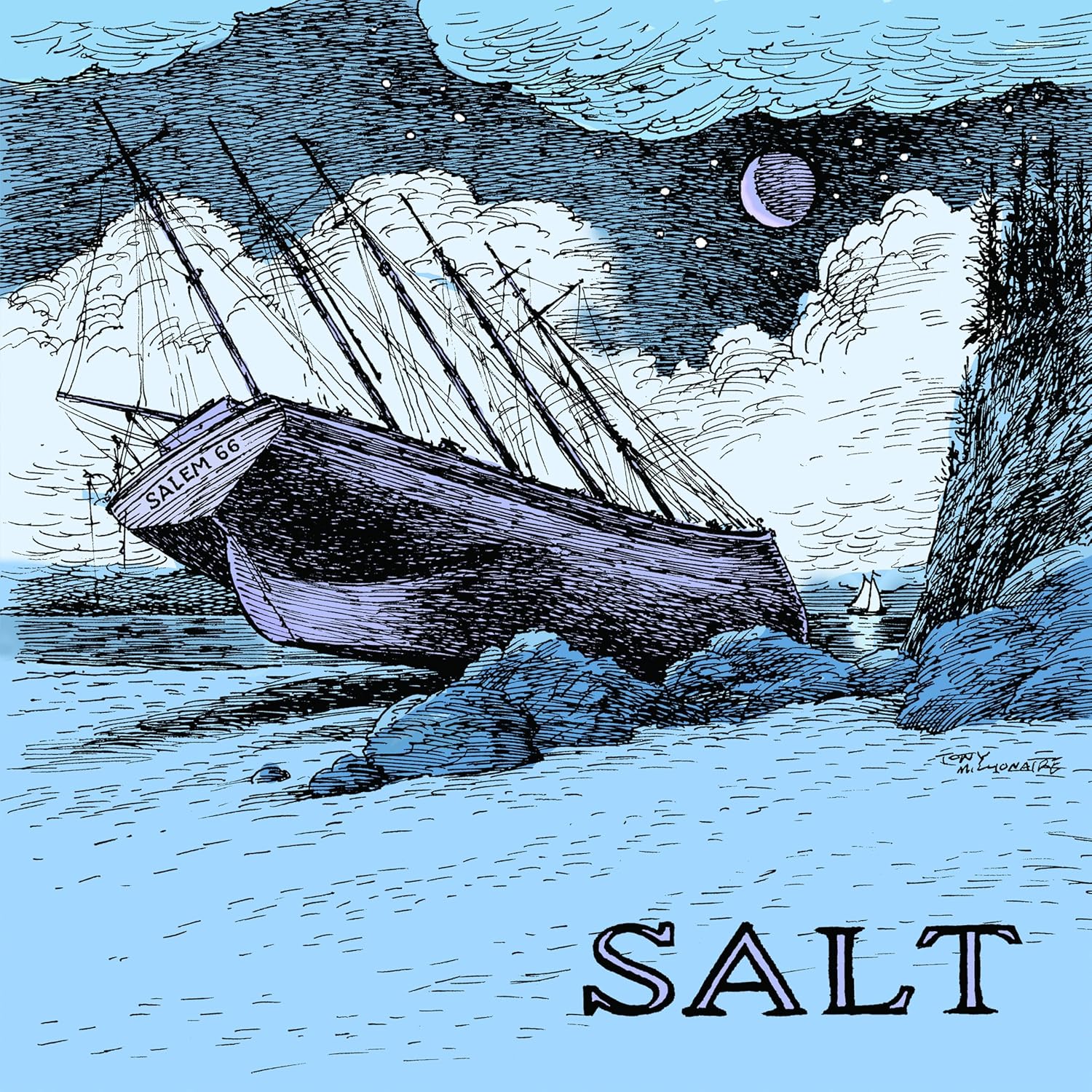 Blue vinyl record cover depicting a ship under a cloudy, moonlit sky.