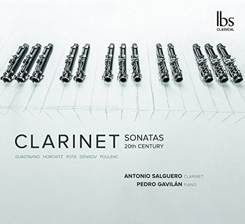 CD cover with clarinet keys on a piano keyboard, text “Clarinet Sonatas”.